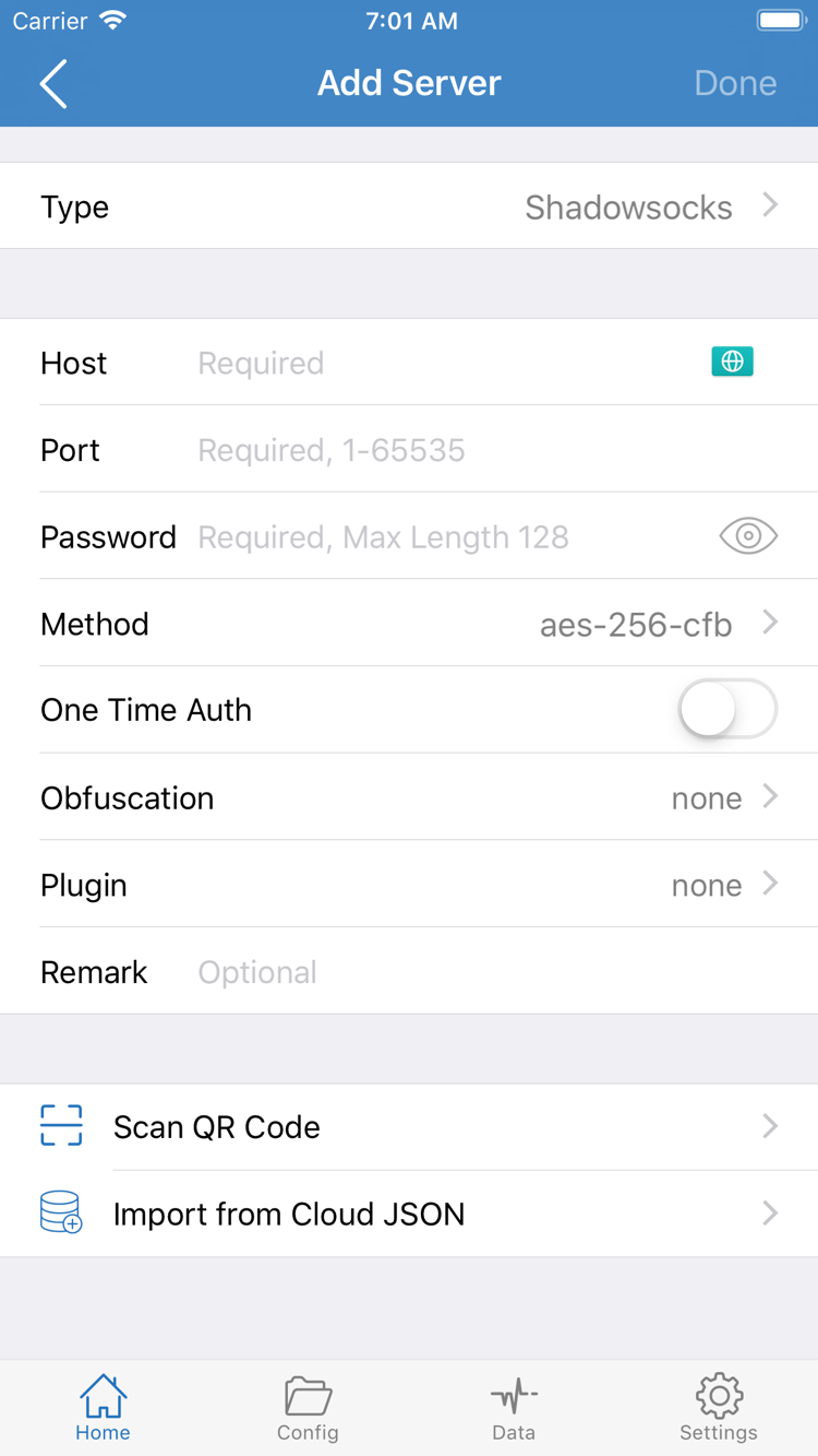 Shadowrocket Add Server 官方截图，包含 Type、Host、Port、Password、Method 与 Scan QR Code 入口