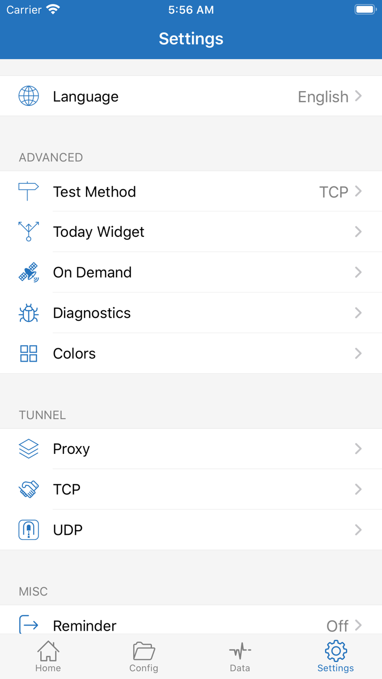 Shadowrocket Settings 官方截图，包含 Language、Test Method、Today Widget、On Demand、Diagnostics、Proxy、TCP 与 UDP
