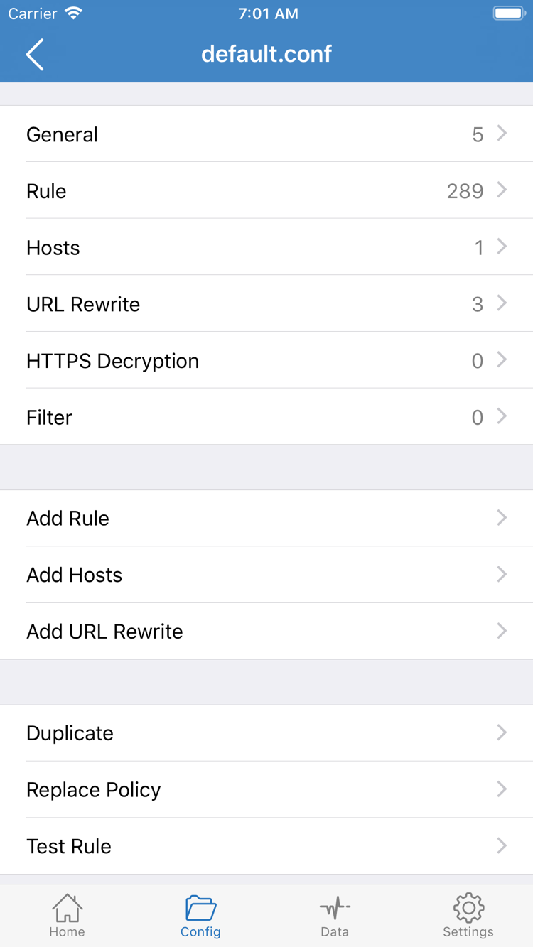 Shadowrocket Config 官方截图，展示 General、Rule、Hosts、URL Rewrite、HTTPS Decryption 分段和 Add Rule